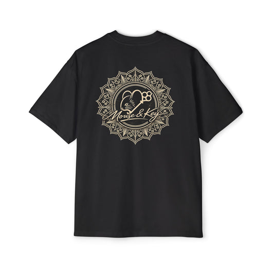 Back of black Mouse & Key Mandala oversized tee featuring intricate mandala mouse logo graphic design