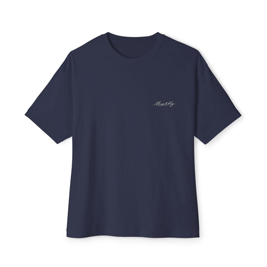 Front of navy blue mental health awareness gaming shirt from the Mouse & Key Still Here Collection