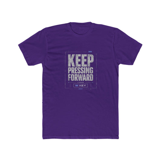 Front of purple mental health awareness gaming shirt featuring “Keep Pressing Forward” graphic from the Mouse & Key Still Here Collection