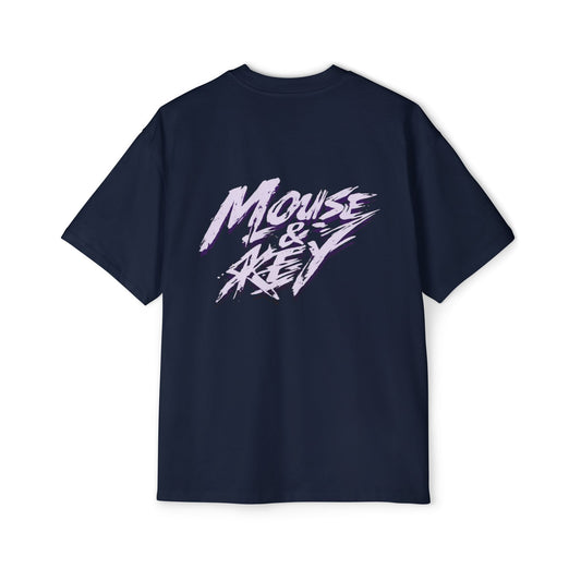 Back view of navy blue gaming t-shirt featuring purple and white Mouse & Key brush-stroke logo artwork