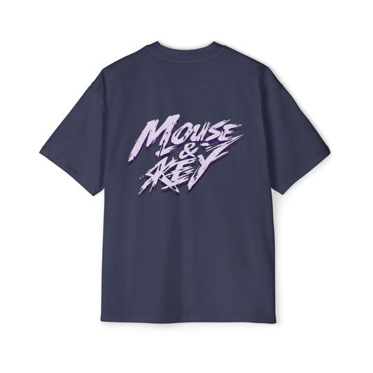 Back view of midnight blue gaming t-shirt featuring purple and white Mouse & Key brush-stroke logo artwork