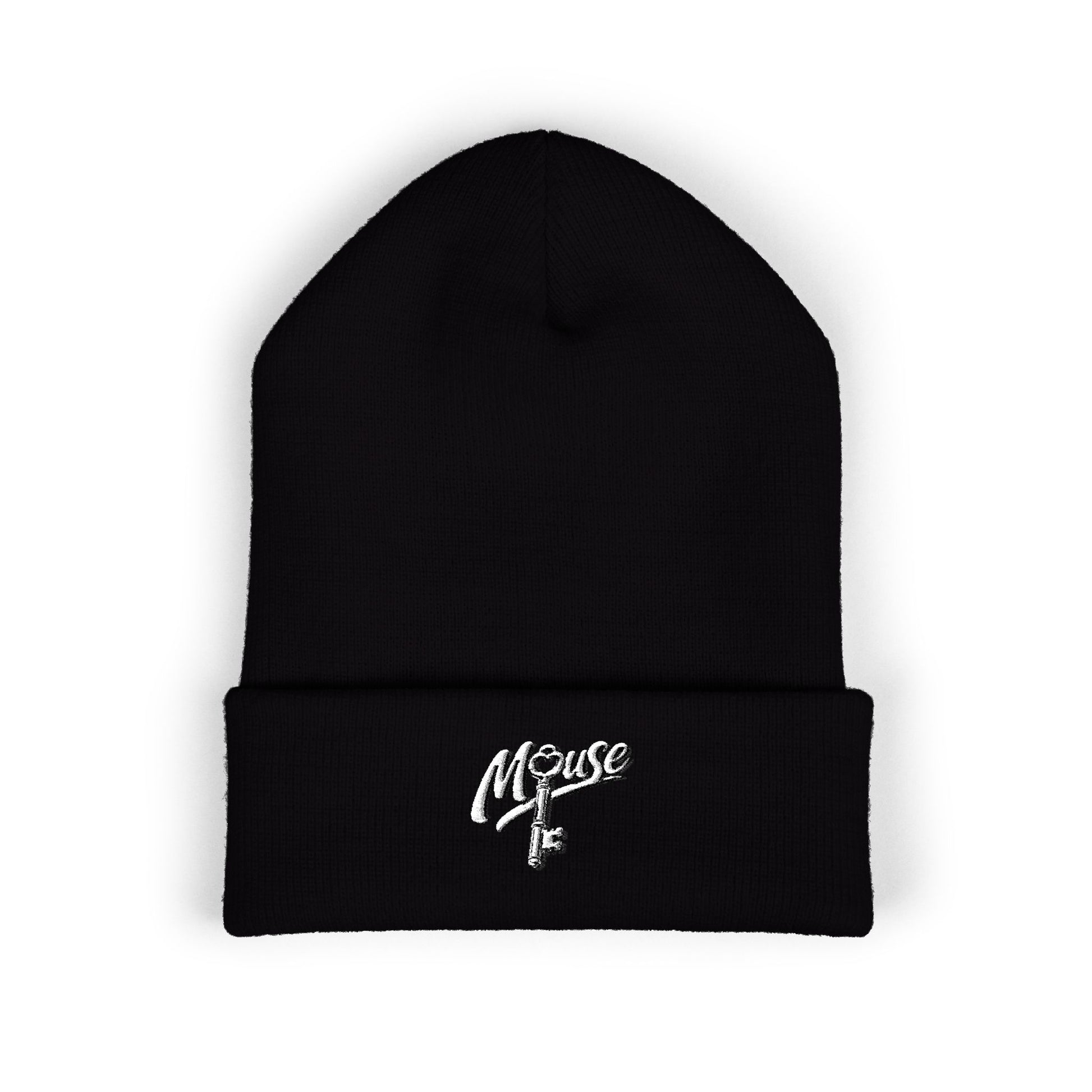 Black embroidered Mouse & O-Key gaming beanie with minimalist logo design