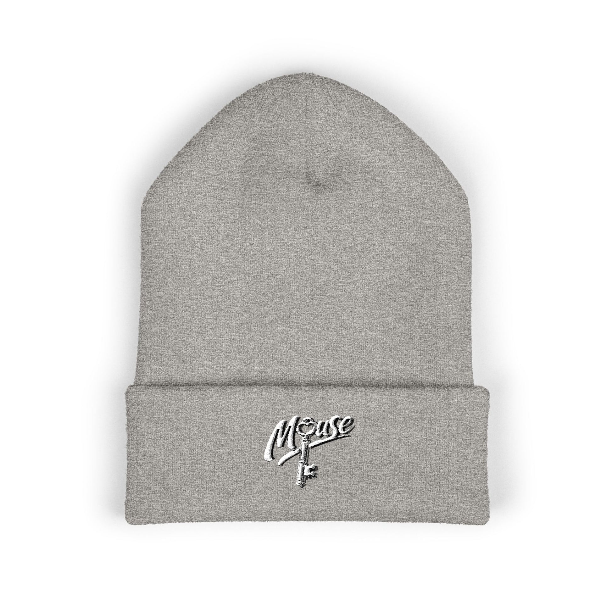 Heather gray embroidered Mouse & O-Key gaming beanie with minimalist logo design
