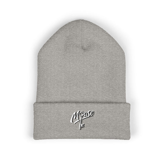 Heather gray embroidered Mouse & O-Key gaming beanie with minimalist logo design