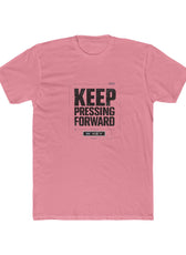 Front of pink mental health awareness gaming shirt featuring “Keep Pressing Forward” graphic from the Mouse & Key Still Here Collection