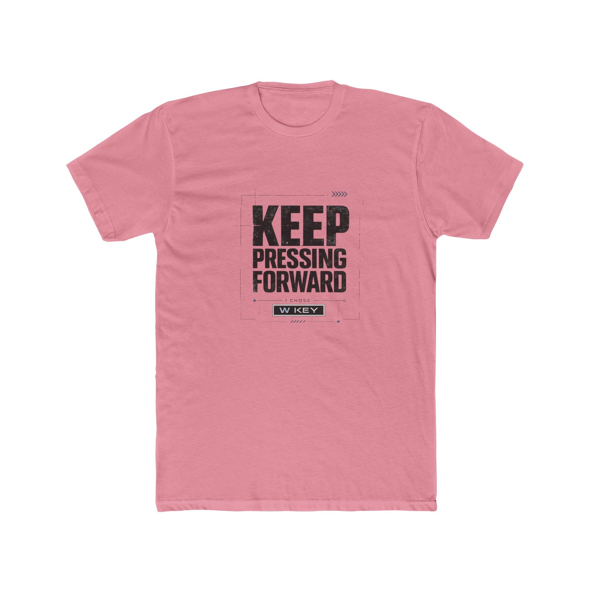Front of pink mental health awareness gaming shirt featuring “Keep Pressing Forward” graphic from the Mouse & Key Still Here Collection