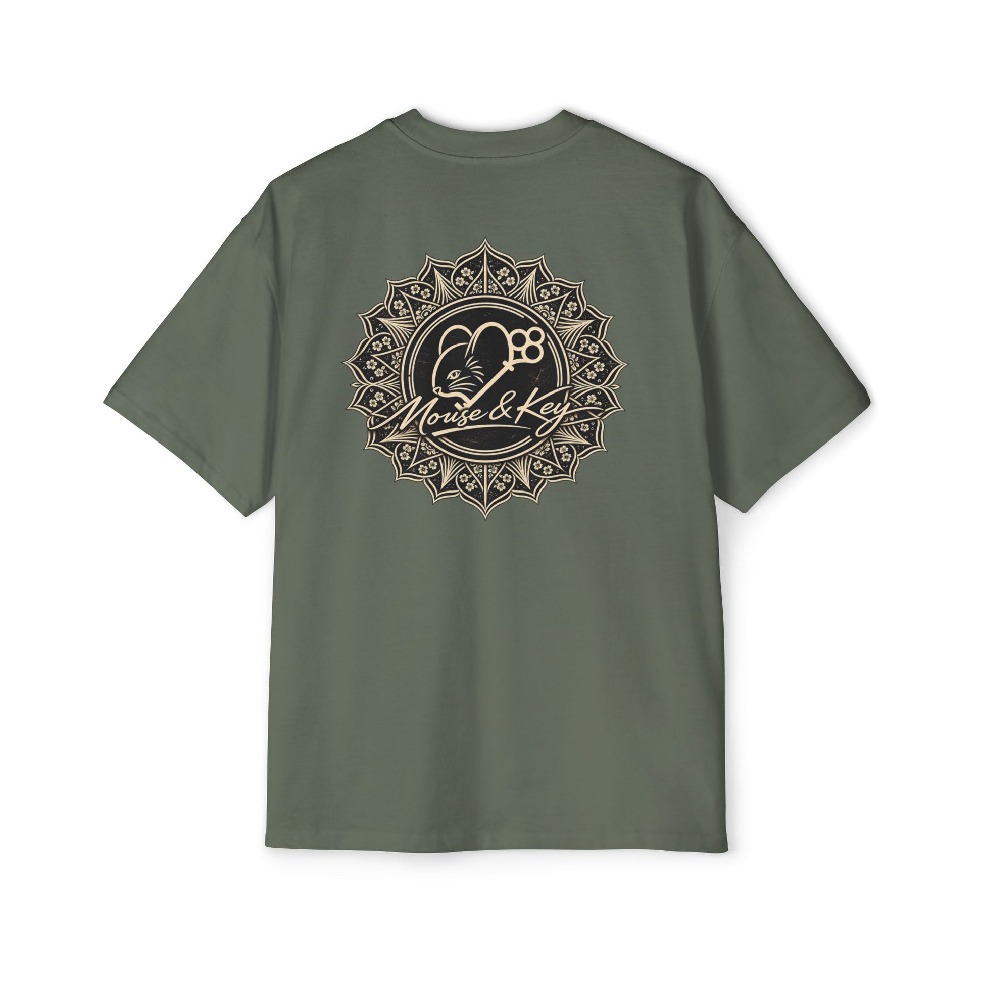Back of Cypress Mouse & Key Mandala oversized tee featuring intricate mandala mouse logo graphic design