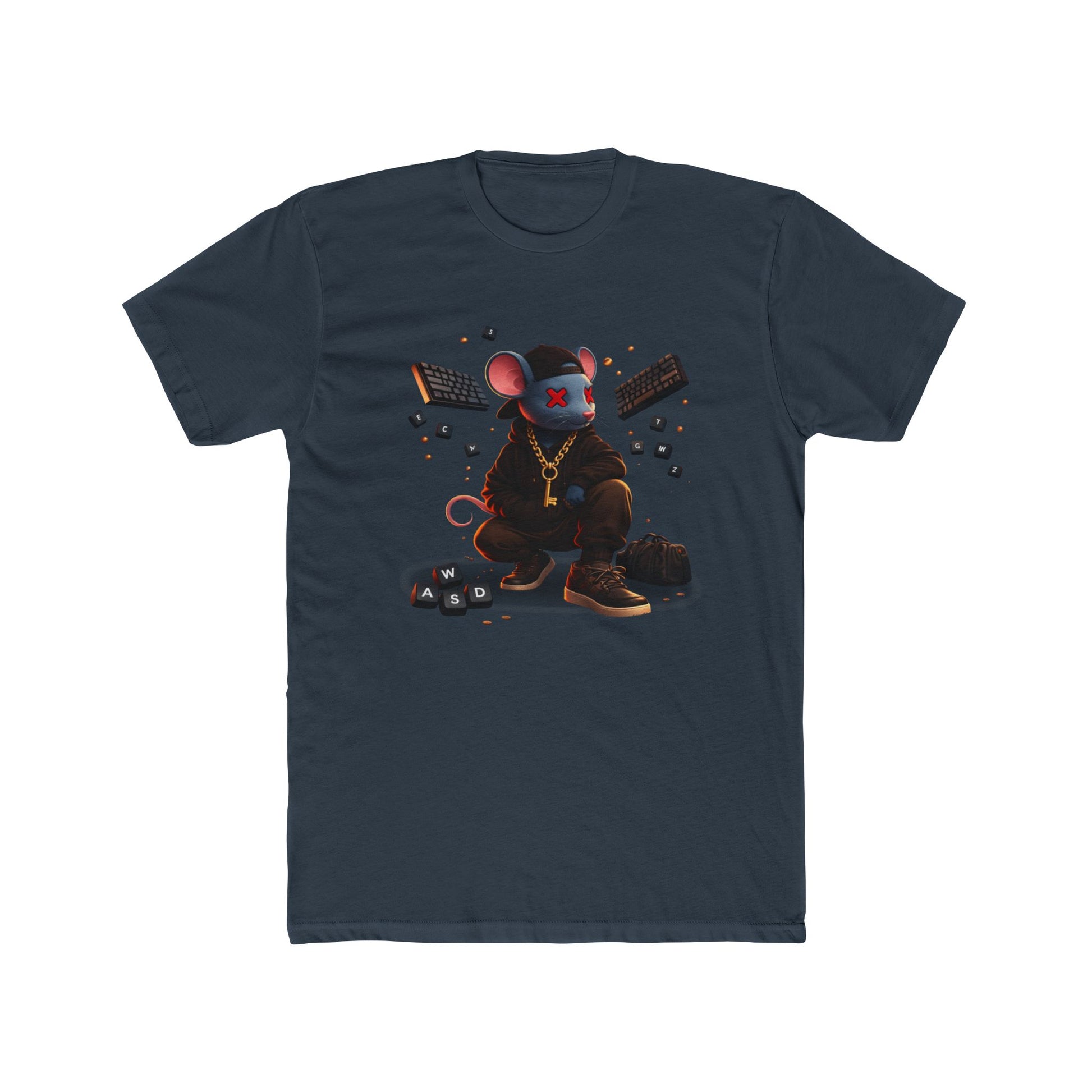 Front of indigo Mouse Streetwear gaming t-shirt featuring mouse character graphic with WASD keys and keyboard artwork