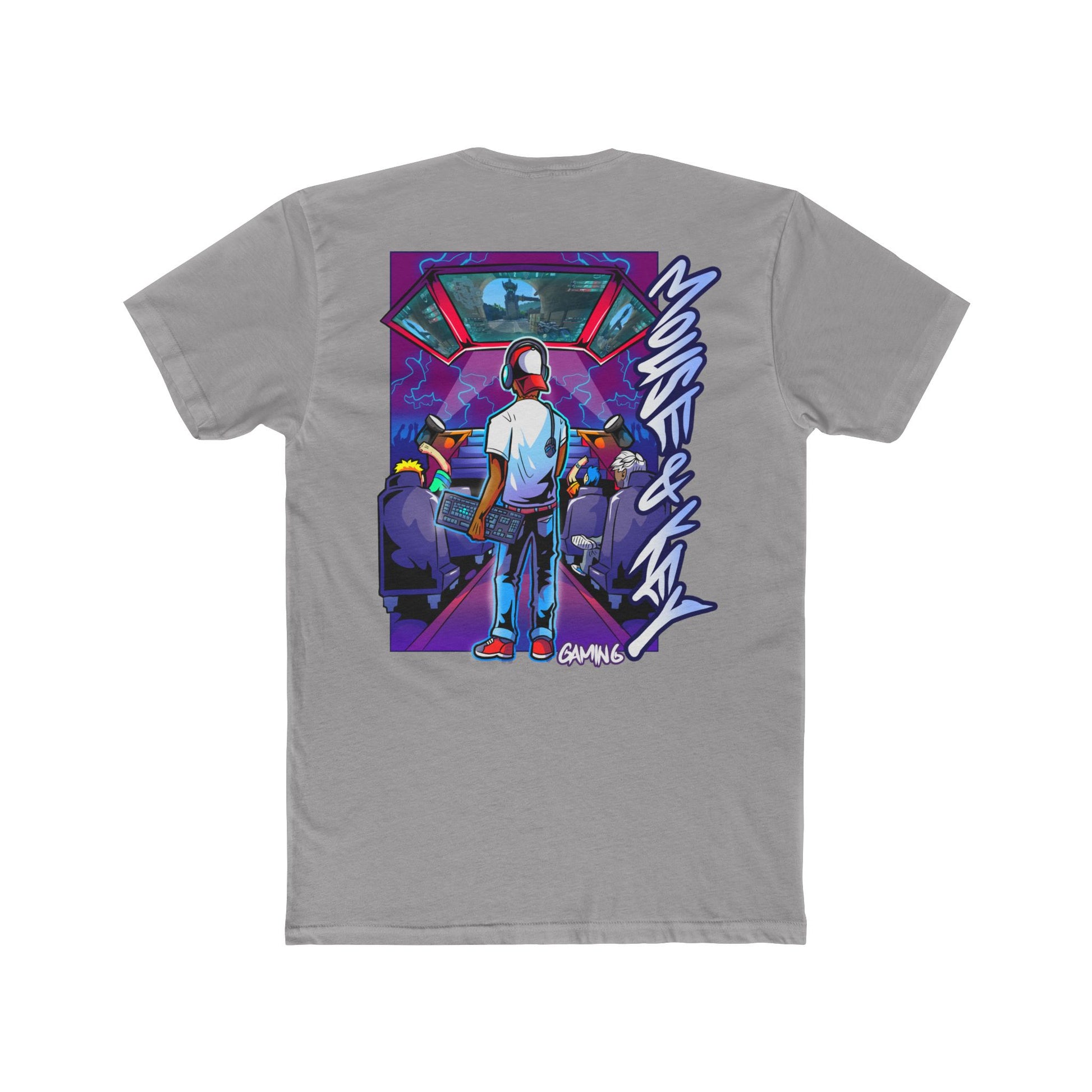 Back of light grey Mouse & Key LAN gaming t-shirt featuring retro LAN party gamer graphic artwork