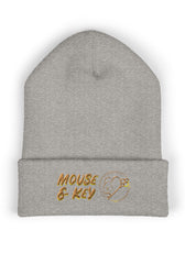 Heather grey embroidered Mouse & Key gaming beanie with minimalist mouse logo design