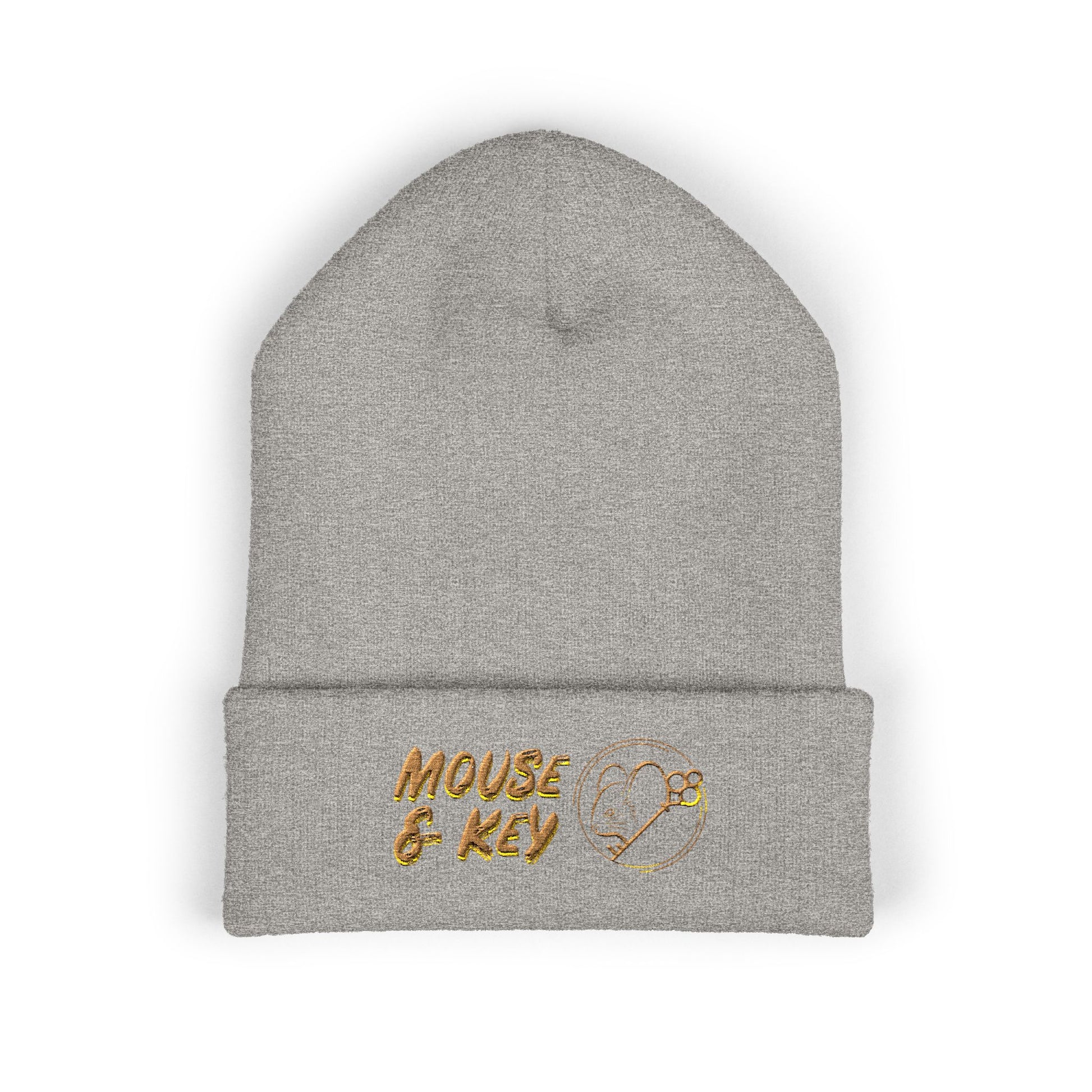 Heather grey embroidered Mouse & Key gaming beanie with minimalist mouse logo design