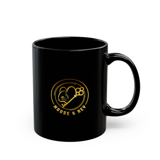 Mouse & Me Black Ceramic Mug (11oz/15oz) – Gold Logo Coffee Cup
