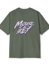 Back view of Cypress gaming t-shirt featuring purple and white Mouse & Key brush-stroke logo artwork