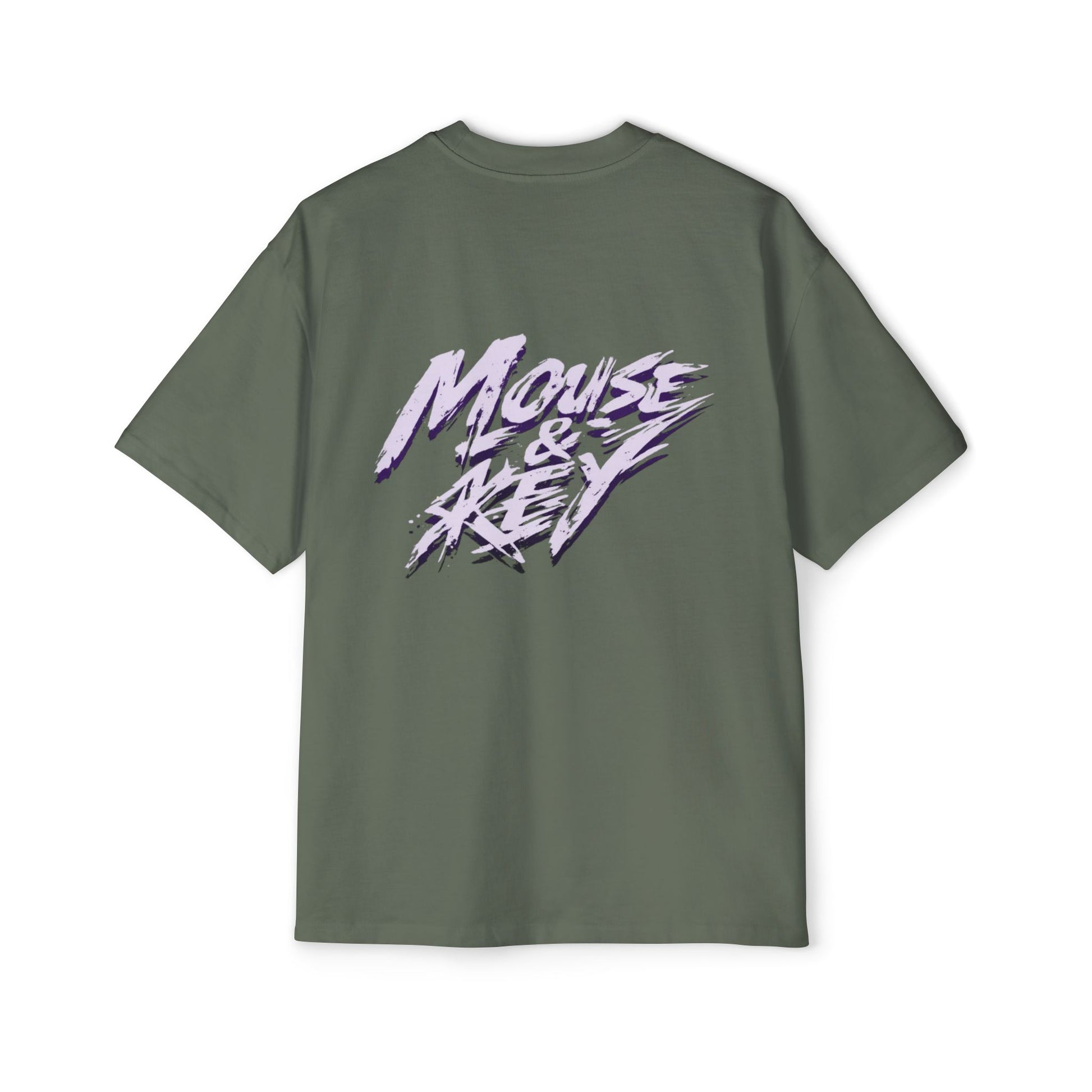 Back view of Cypress gaming t-shirt featuring purple and white Mouse & Key brush-stroke logo artwork