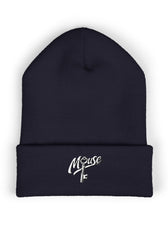 Navy embroidered Mouse & O-Key gaming beanie with minimalist logo design
