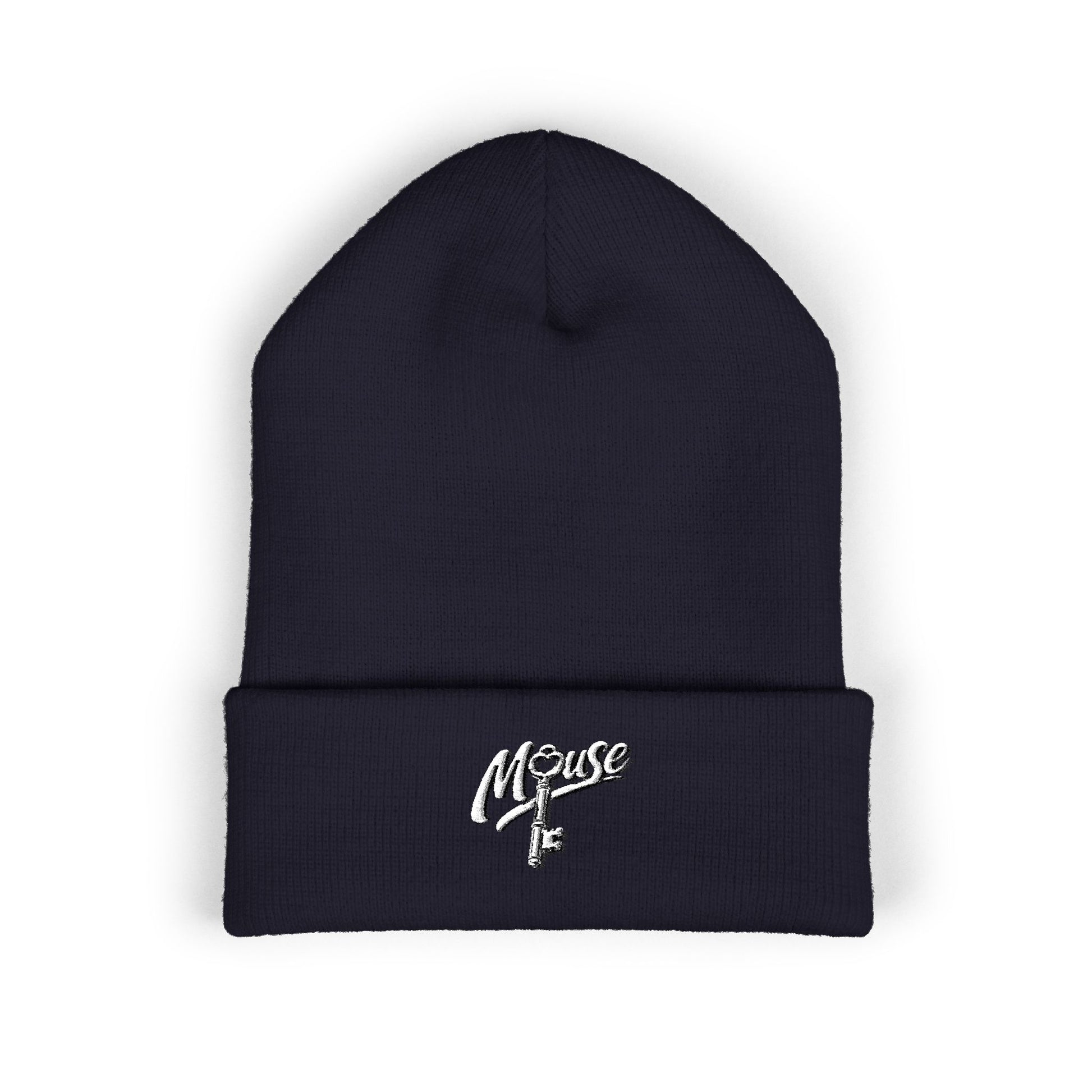 Navy embroidered Mouse & O-Key gaming beanie with minimalist logo design