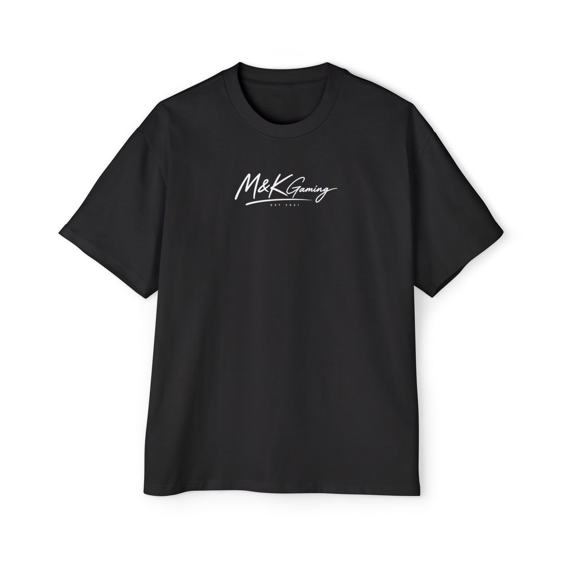 Front of black M&K Gaming Signature oversized tee featuring minimalist white logo design