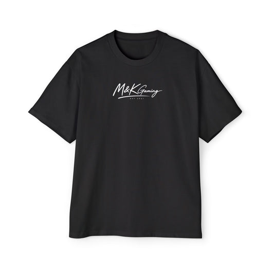 Front of black M&K Gaming Signature oversized tee featuring minimalist white logo design