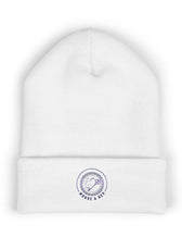 White embroidered Mouse & Key Blue Emblem gaming beanie with minimalist circular logo design
