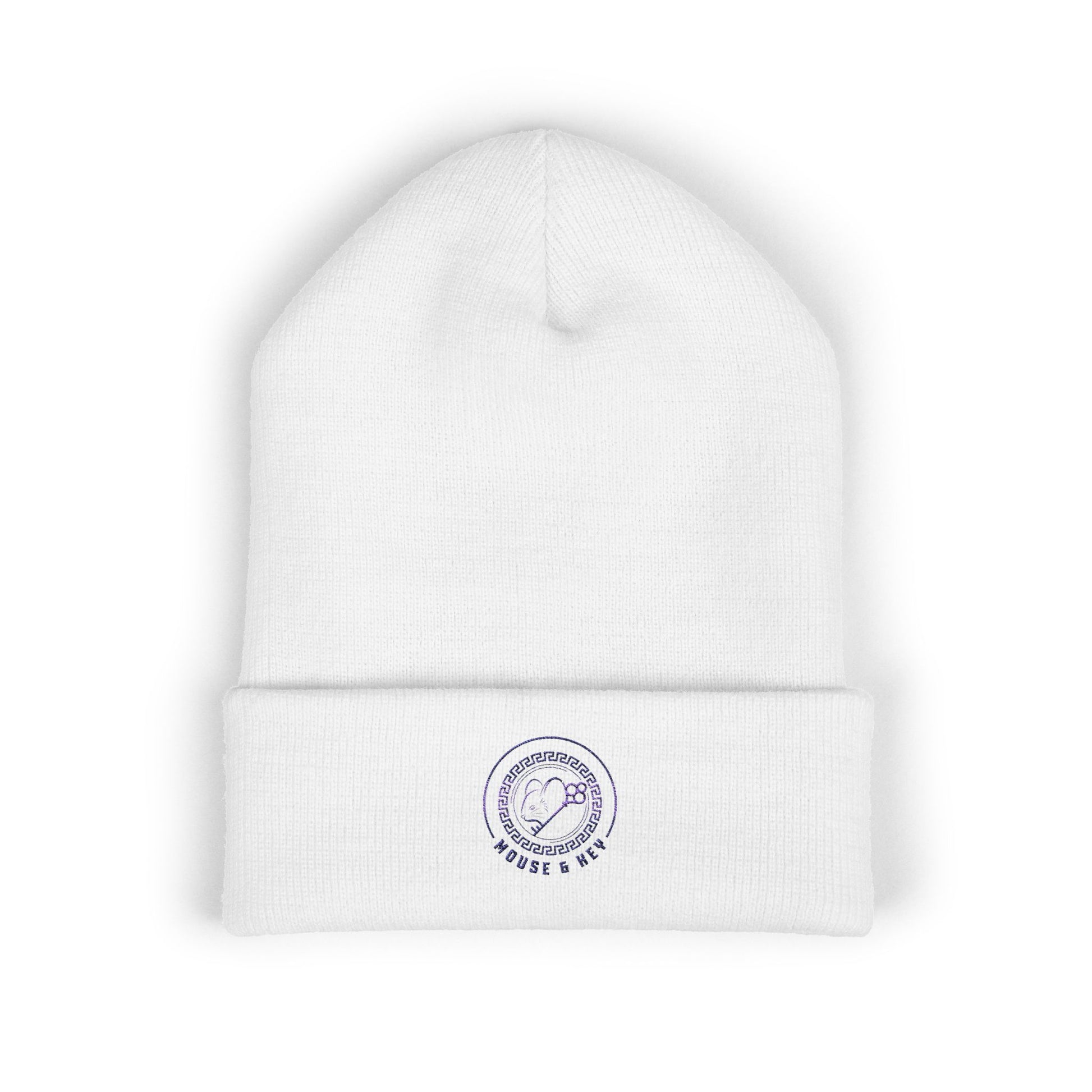 White embroidered Mouse & Key Blue Emblem gaming beanie with minimalist circular logo design