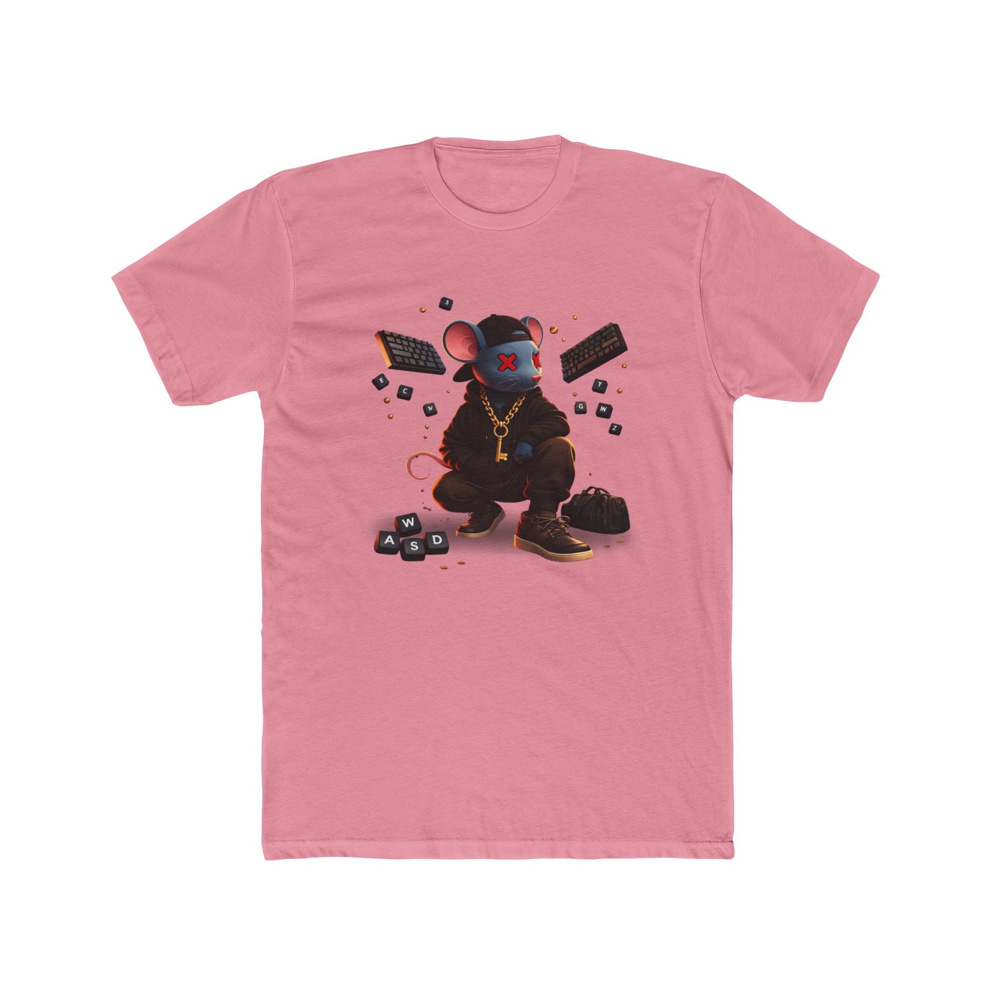 Front of pink Mouse Streetwear gaming t-shirt featuring mouse character graphic with WASD keys and keyboard artwork