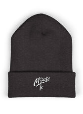 Dark gray embroidered Mouse & O-Key gaming beanie with minimalist logo design