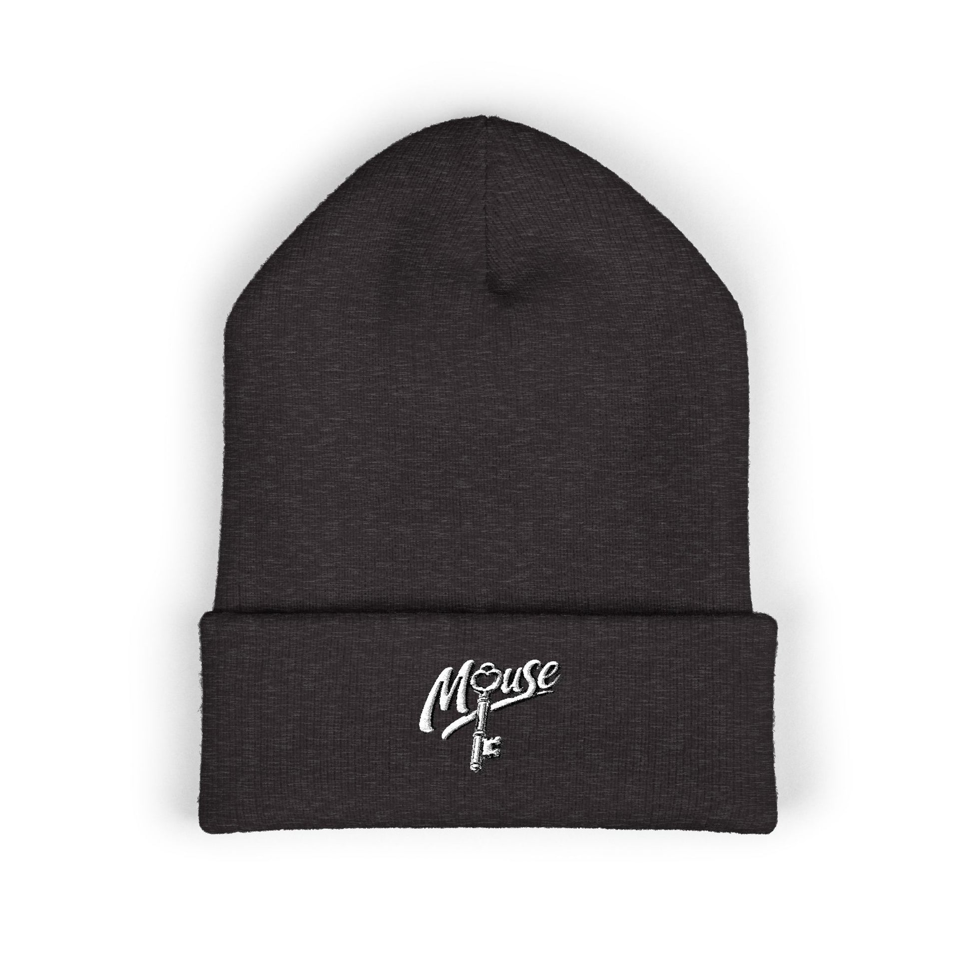 Dark gray embroidered Mouse & O-Key gaming beanie with minimalist logo design