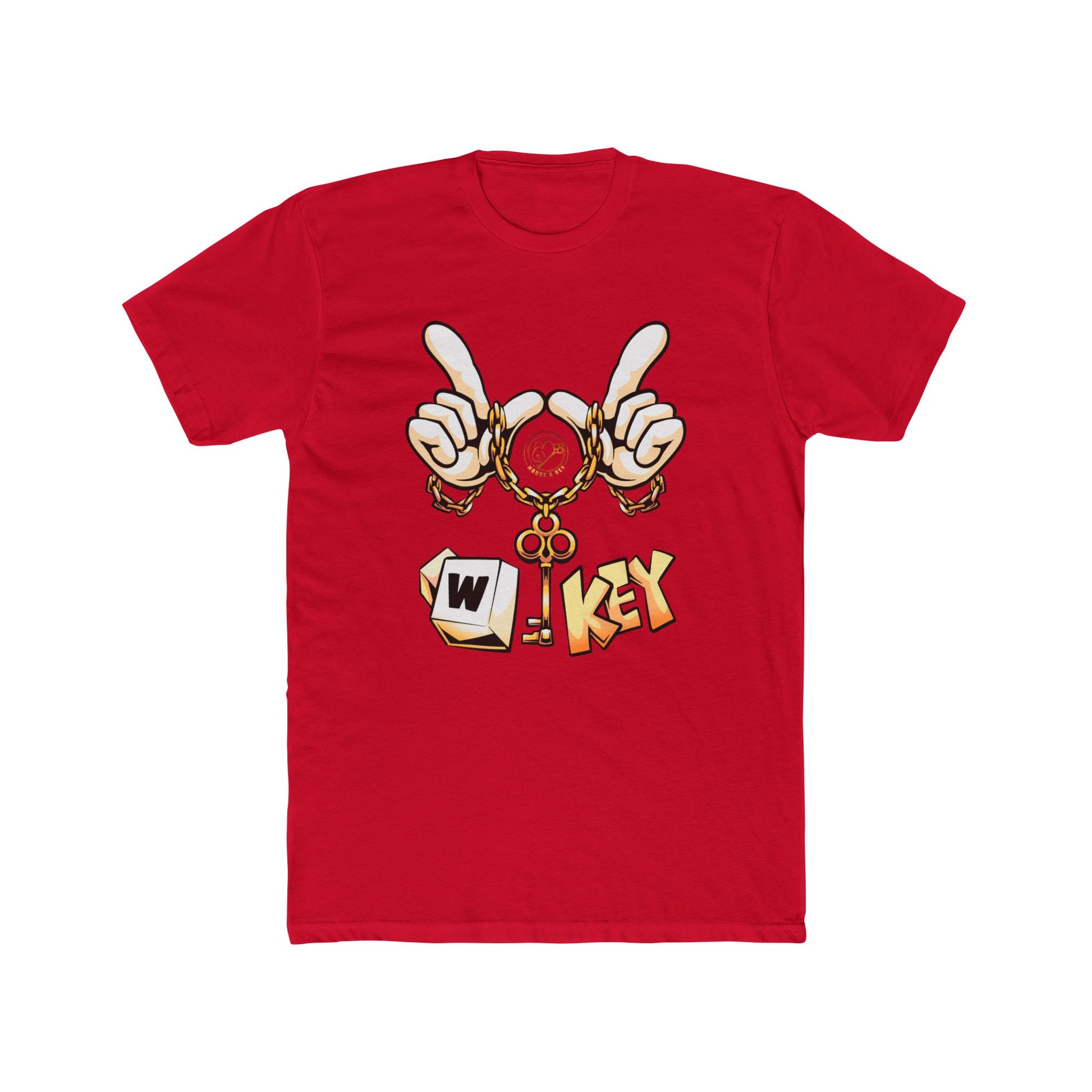 Front of red W-Key gaming t-shirt symbolizing moving forward in gaming and life