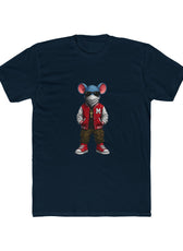 Front of midnight navy Mouse & Key Varsity gaming t-shirt featuring varsity mouse character graphic design