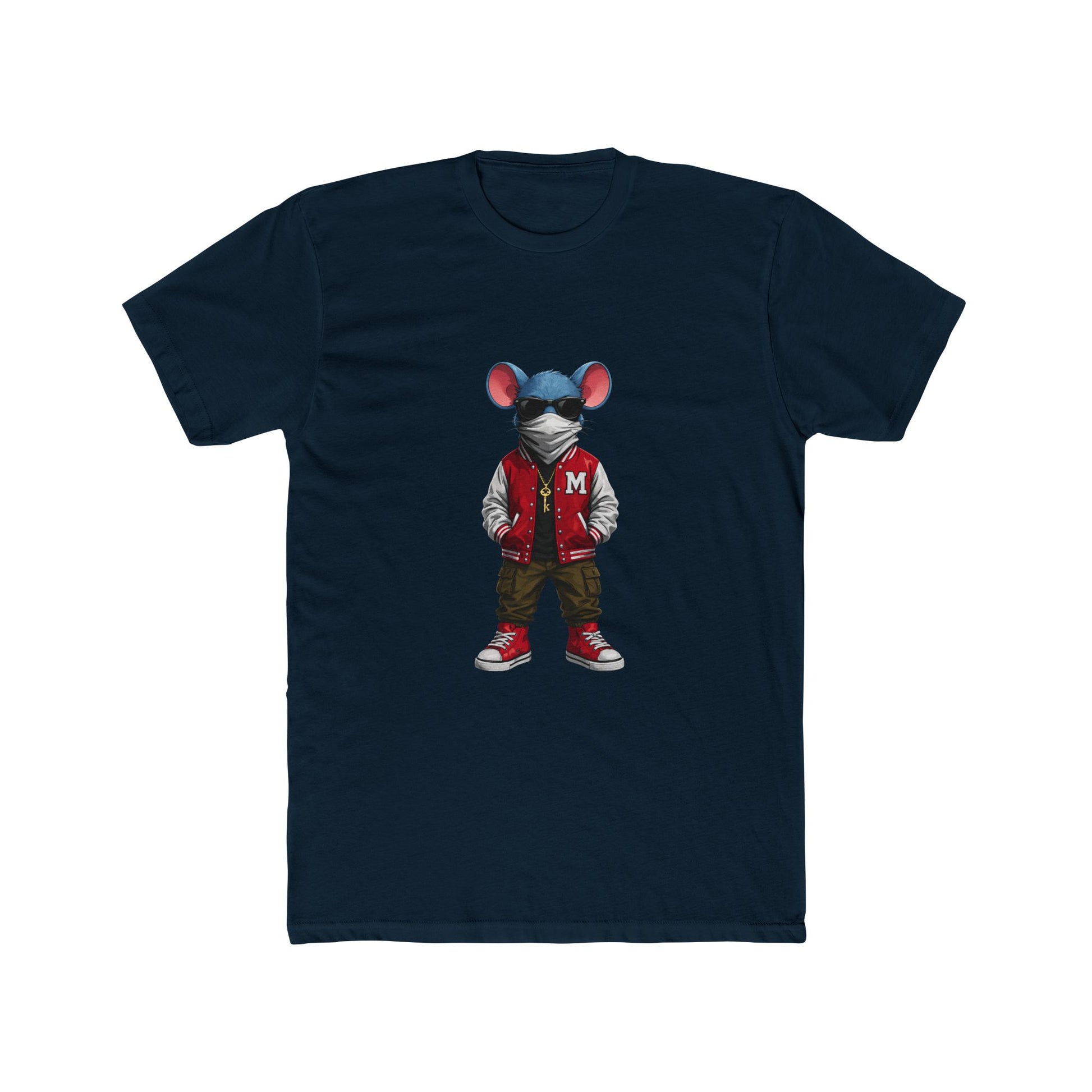 Front of midnight navy Mouse & Key Varsity gaming t-shirt featuring varsity mouse character graphic design