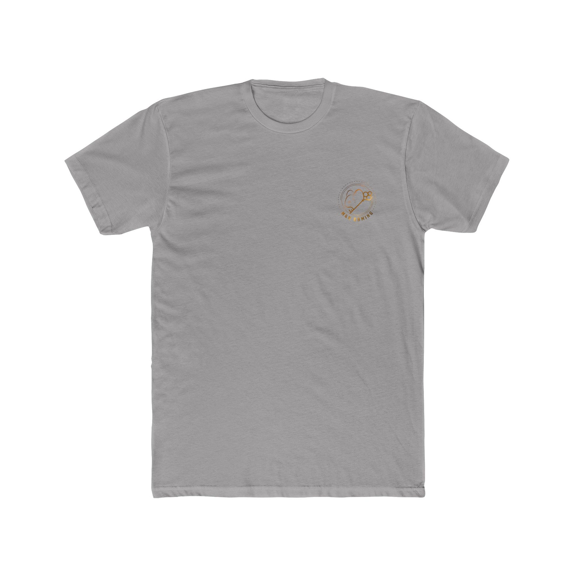 Front of light grey Mouse & Key LAN gaming t-shirt featuring minimalist M & K Gaming chest logo design