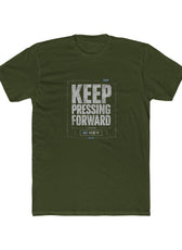 Front of Military green mental health awareness gaming shirt featuring “Keep Pressing Forward” graphic from the Mouse & Key Still Here Collection