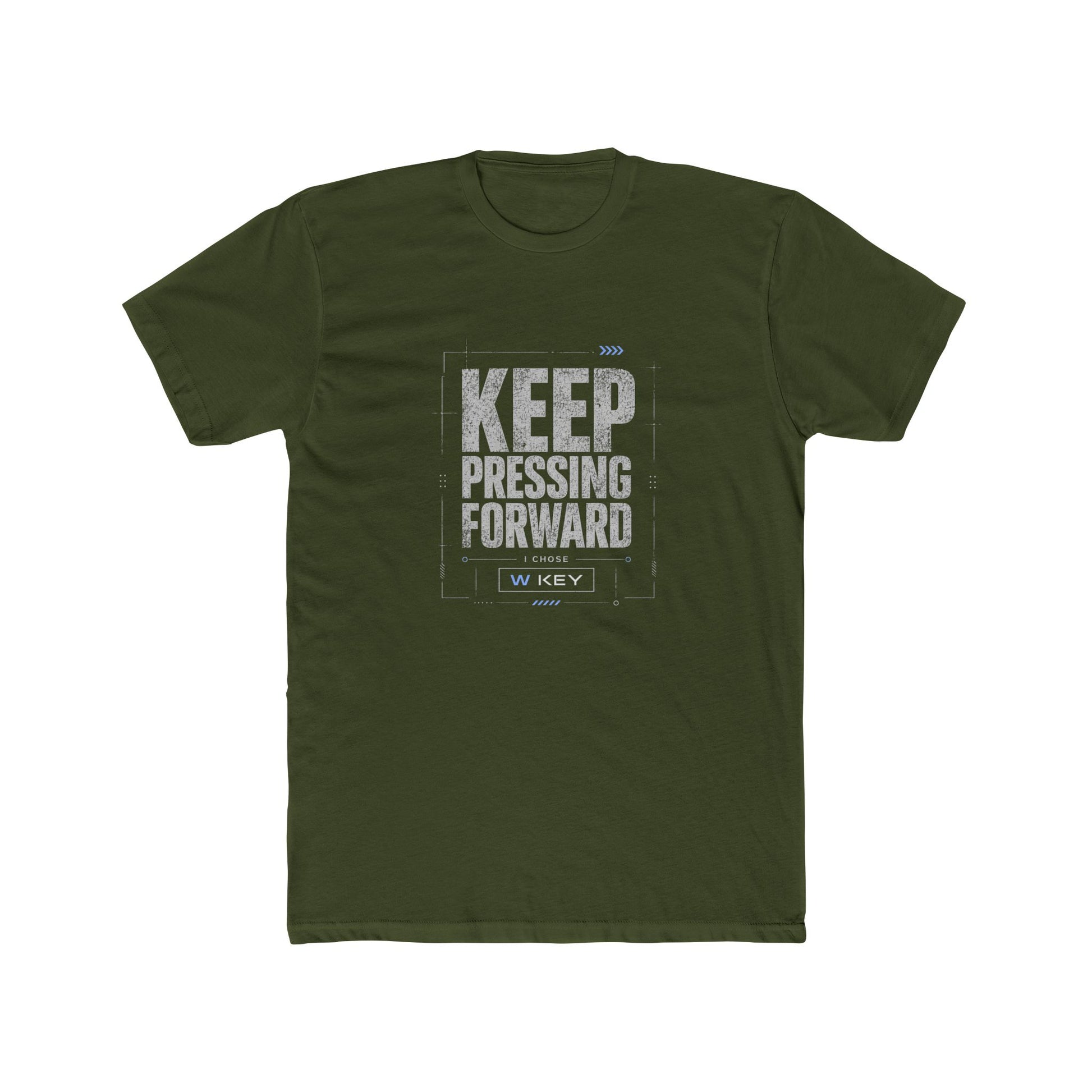 Front of Military green mental health awareness gaming shirt featuring “Keep Pressing Forward” graphic from the Mouse & Key Still Here Collection