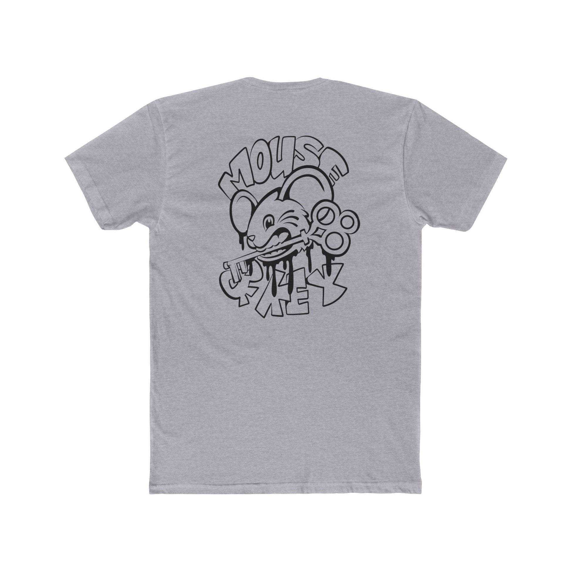 Back of heather grey Mouse & Key bDrip gaming shirt featuring black graffiti-style mouse graphic design