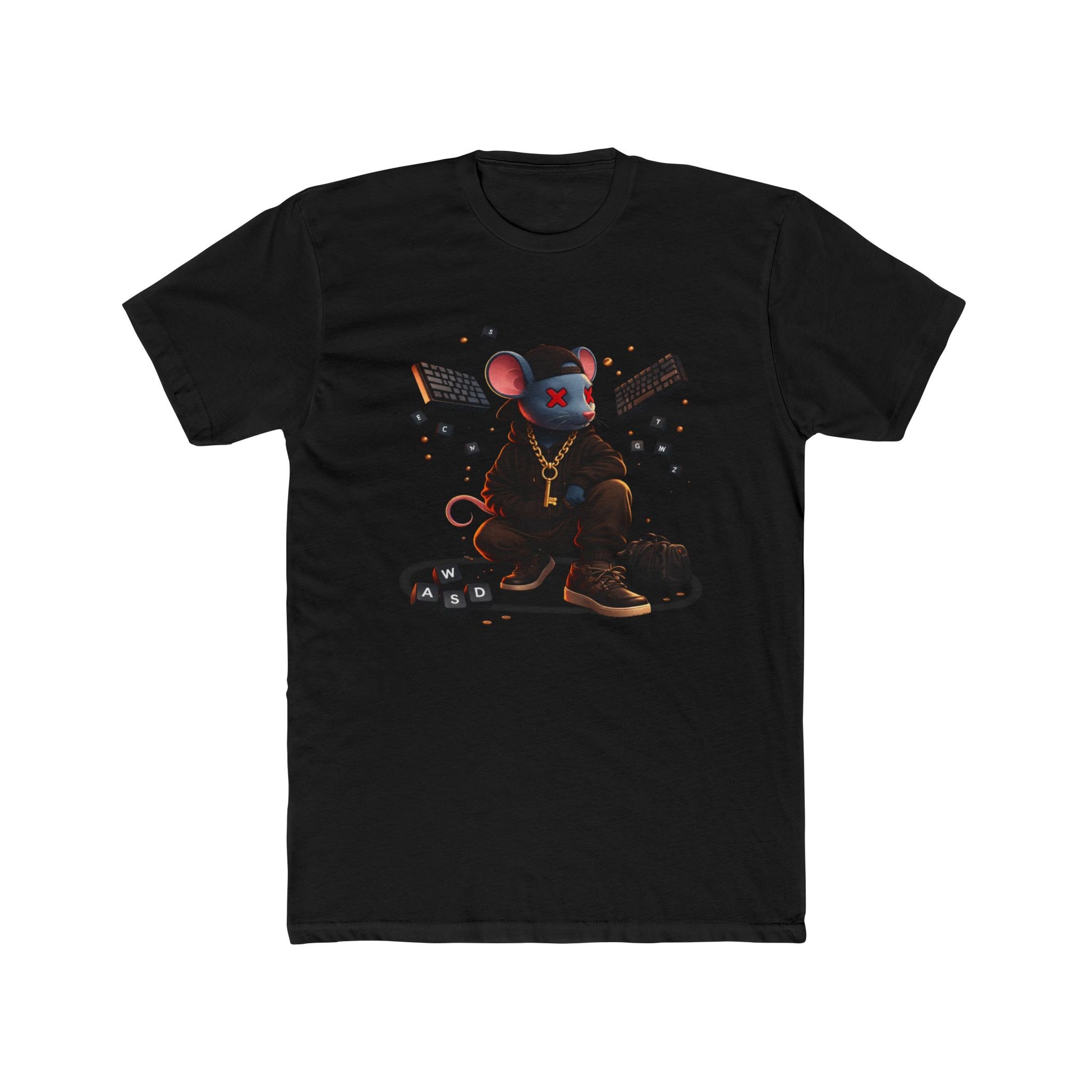 Front of black Mouse Streetwear gaming t-shirt featuring mouse character graphic with WASD keys and keyboard artwork