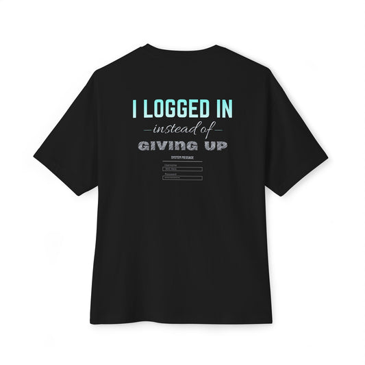 Back of black gaming mental health awareness shirt featuring “I Logged In Instead of Giving Up” graphic from Mouse & Key