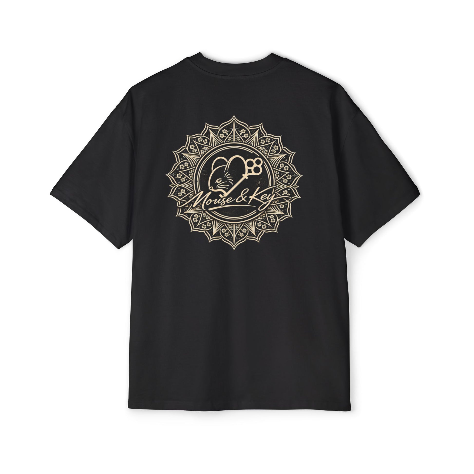 Back of black Mouse & Key Mandala oversized tee featuring intricate mandala mouse logo graphic design
