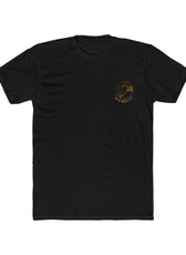 Front of black Mouse & Key LAN gaming t-shirt featuring minimalist M & K Gaming chest logo design