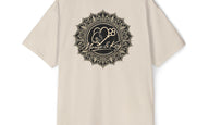 Back of Ecru Mouse & Key Mandala oversized tee featuring intricate mandala mouse logo graphic design