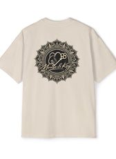 Back of Ecru Mouse & Key Mandala oversized tee featuring intricate mandala mouse logo graphic design