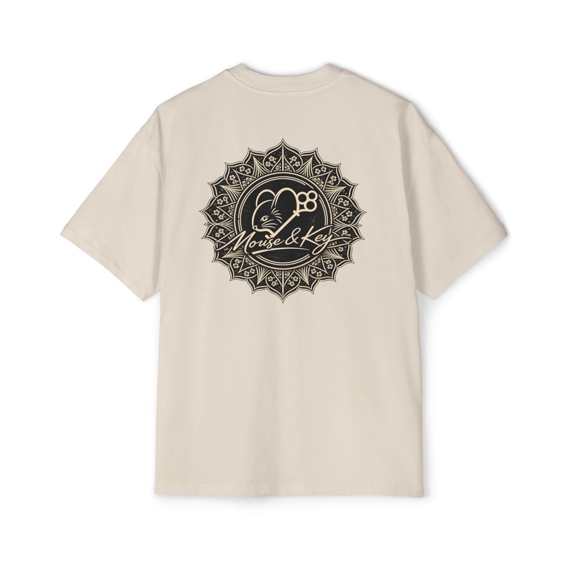 Back of Ecru Mouse & Key Mandala oversized tee featuring intricate mandala mouse logo graphic design
