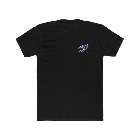 Front of black Mouse & Key Retro gaming t-shirt featuring neon-inspired minimalist logo design