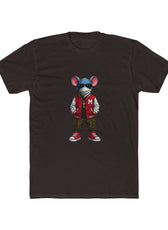 Front of dark chocolate Mouse & Key Varsity gaming t-shirt featuring varsity mouse character graphic design