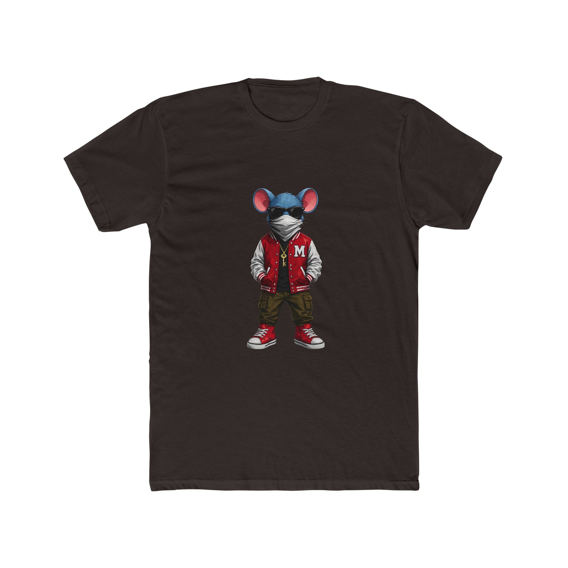 Front of dark chocolate Mouse & Key Varsity gaming t-shirt featuring varsity mouse character graphic design