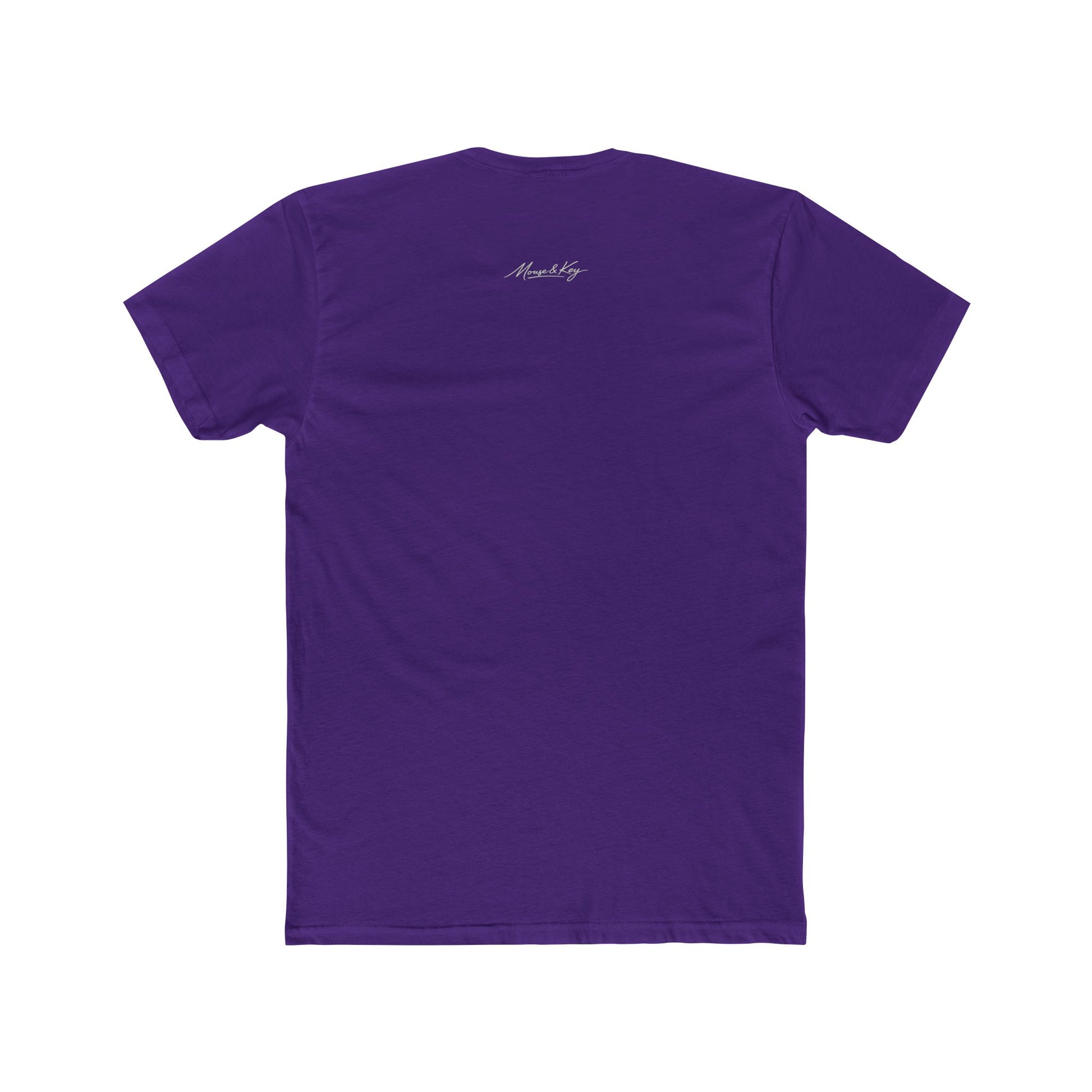 Back of purple mental health awareness gaming shirt featuring “Keep Pressing Forward” graphic from the Mouse & Key Still Here Collection