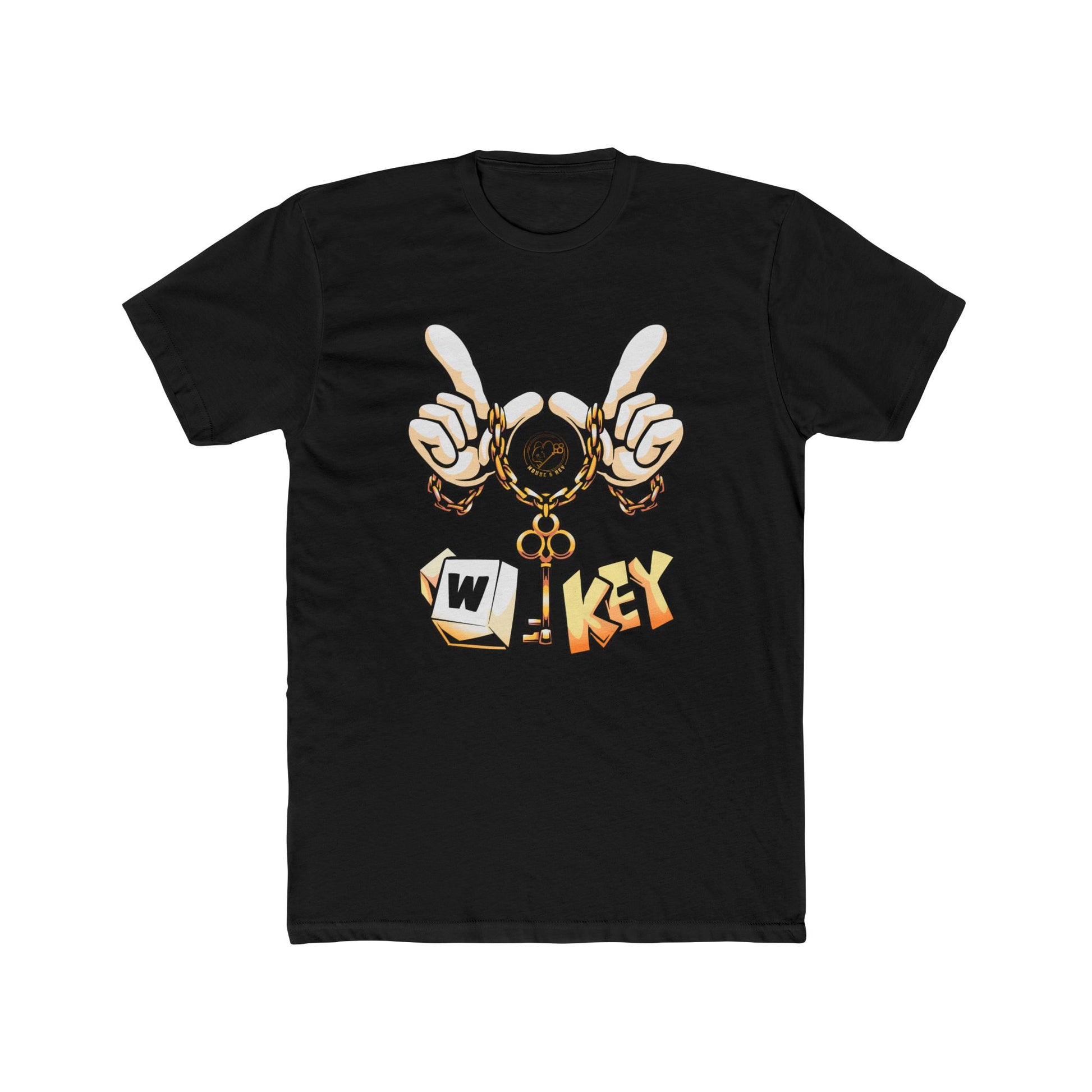 Front of black W-Key gaming t-shirt symbolizing moving forward in gaming and life