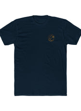 Front of midnight navy Mouse & Key gDrip gaming shirt featuring orange graffiti-style mouse graphic design