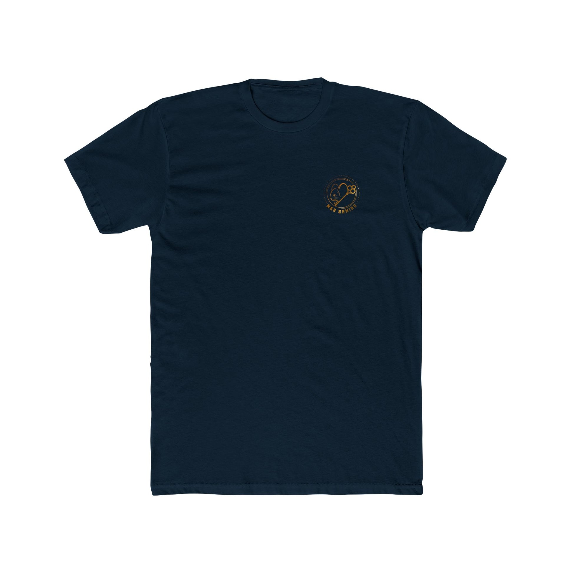 Front of midnight navy Mouse & Key gDrip gaming shirt featuring orange graffiti-style mouse graphic design