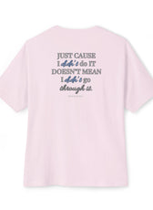 Back of pink mental health awareness gaming shirt featuring “Just Cause I Didn’t Do It Doesn’t Mean I Didn’t Go Through It” graphic from Mouse & Key