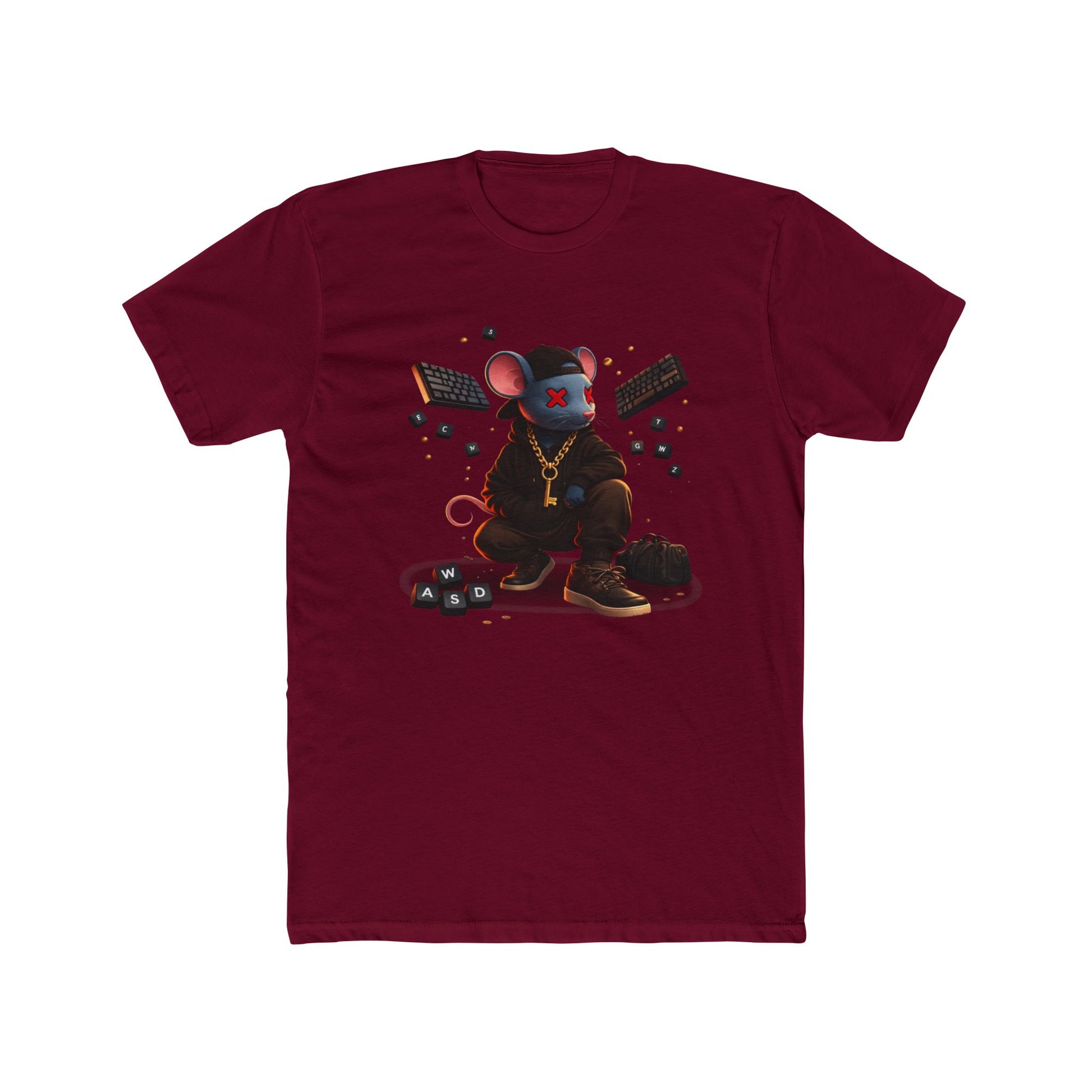 Front of cardinal red Mouse Streetwear gaming t-shirt featuring mouse character graphic with WASD keys and keyboard artwork